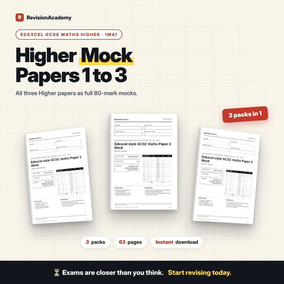 Mock Papers 1-3 + Mark Schemes | Edexcel GCSE Maths Higher